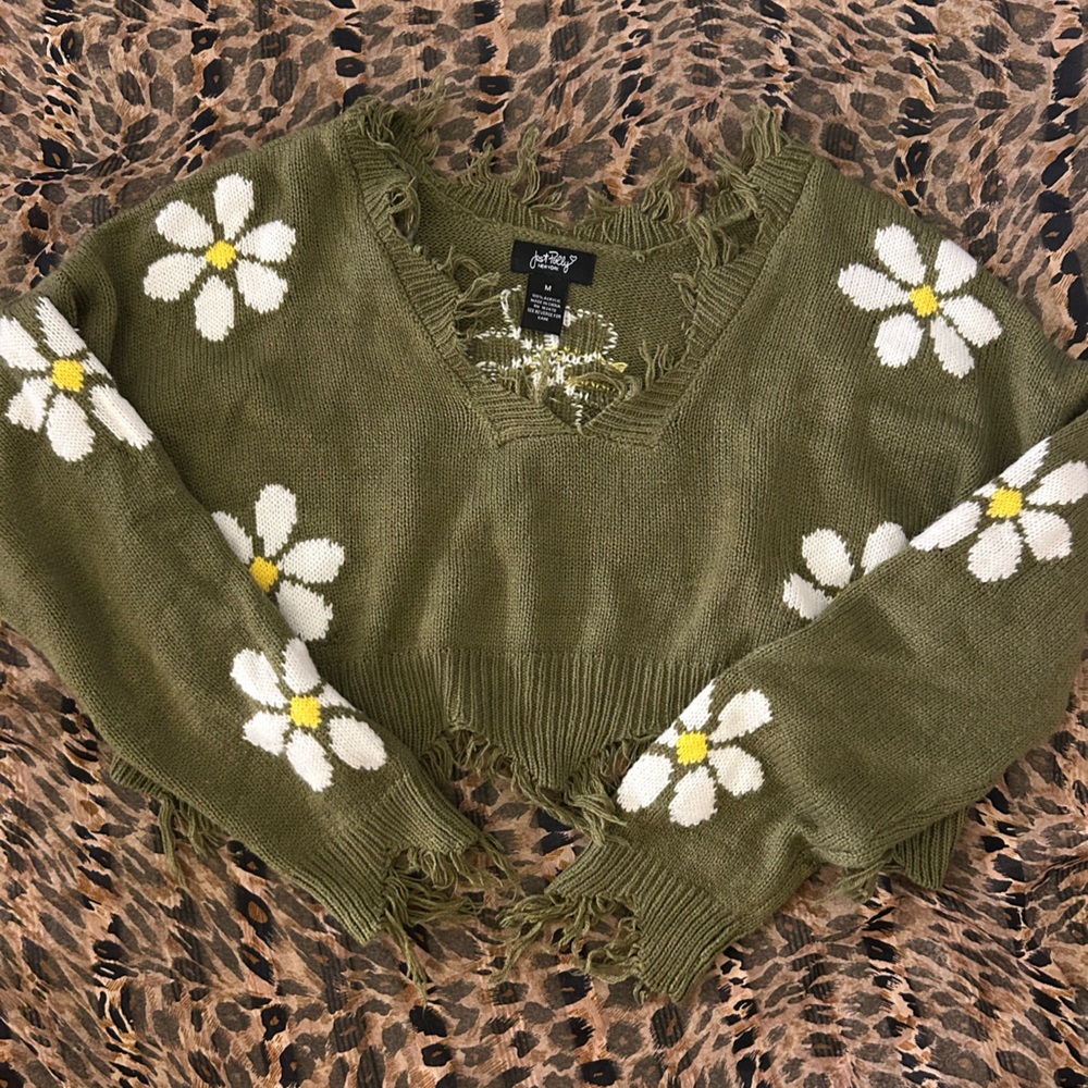 Olive Green Daisy Knit Crop Top